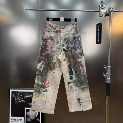 2025 Autumn Retro Style Painted Graffiti Print Loose Jacket Cargo Pants Two-Piece Set Women American Street Fashion Denim Suit