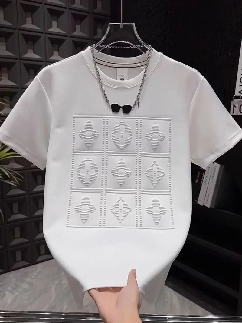 2025 summer new men's versatile heavy industry letter steel print short sleeve t-shirt fashion casual crew neck pullover top