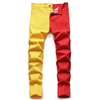 New Men 2022 American Style Fashion Stitching Two-color Yellow and Red Trend Stretch Jeans Male Trousers Denim Pants