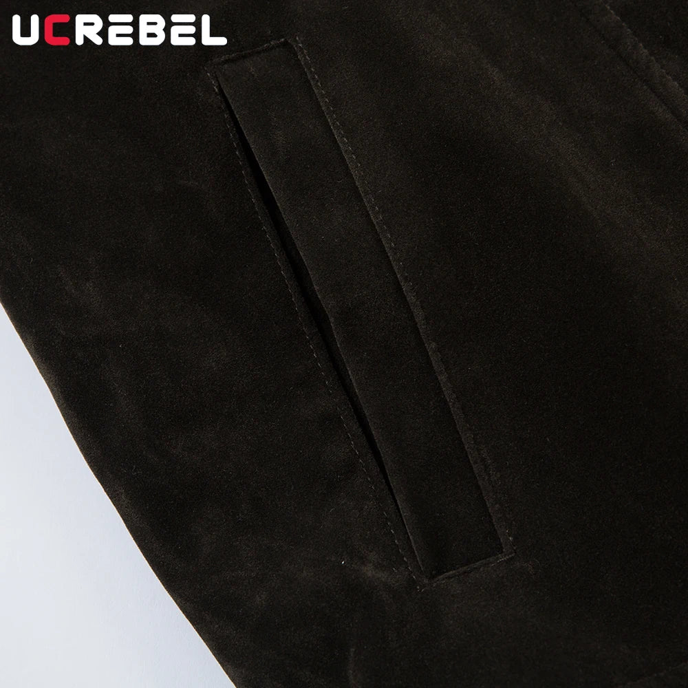 Retro Spliced Suede Jacket Mens Button Decoration Autumn Winter Retro Lapel Long Sleeve Loose Outerwear Man