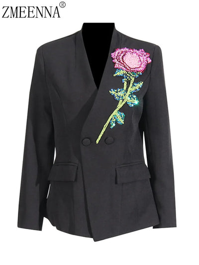 ZMEENNA Women Black Blazer Sequin Rose Embellishment Pink Green Sparkle Floral Design Party Jacket Trendy Fashion 2025 ZM603
