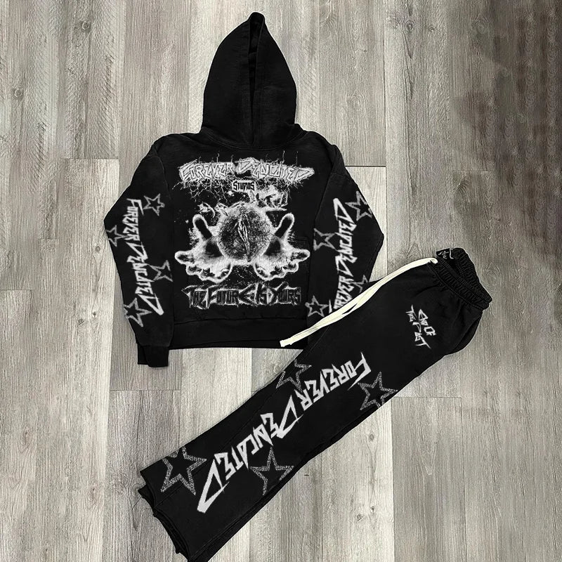 Y2K Autumn/Winter Hoodie Suit Flared Trousers Oversized Men's clothing  Fashion Trend High Street Pants Casual Sets 2024