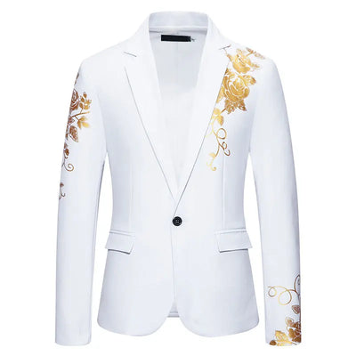 Gold Floral Print Blazer Suits Wedding One Button Men's Formal African Evening Jacket Coat Lapel Collar Notched Prom Bridegroom