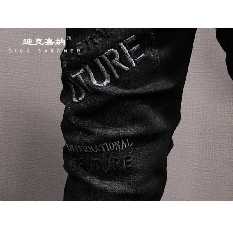 Embroidered printed black jeans for men, fashionable street style slim fit with small feet, trendy stretch denim pants