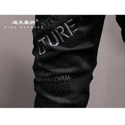 Embroidered printed black jeans for men, fashionable street style slim fit with small feet, trendy stretch denim pants
