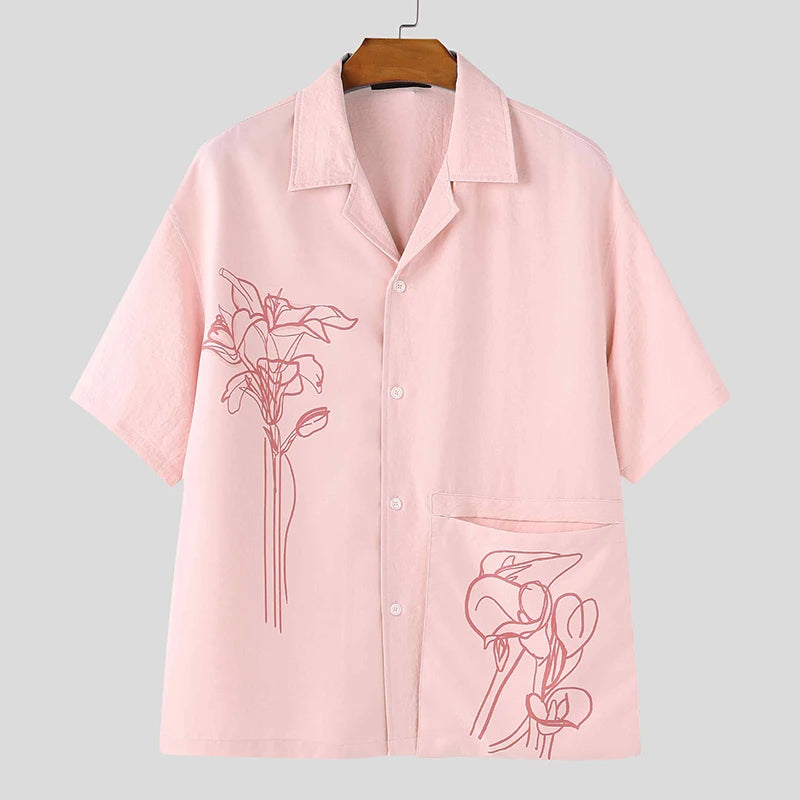 INCERUN Men Shirt Summer Printing Vacation Oversize Lapel Short Sleeve Men Clothing Streetwear 2025 Fashion Casual Tops Men