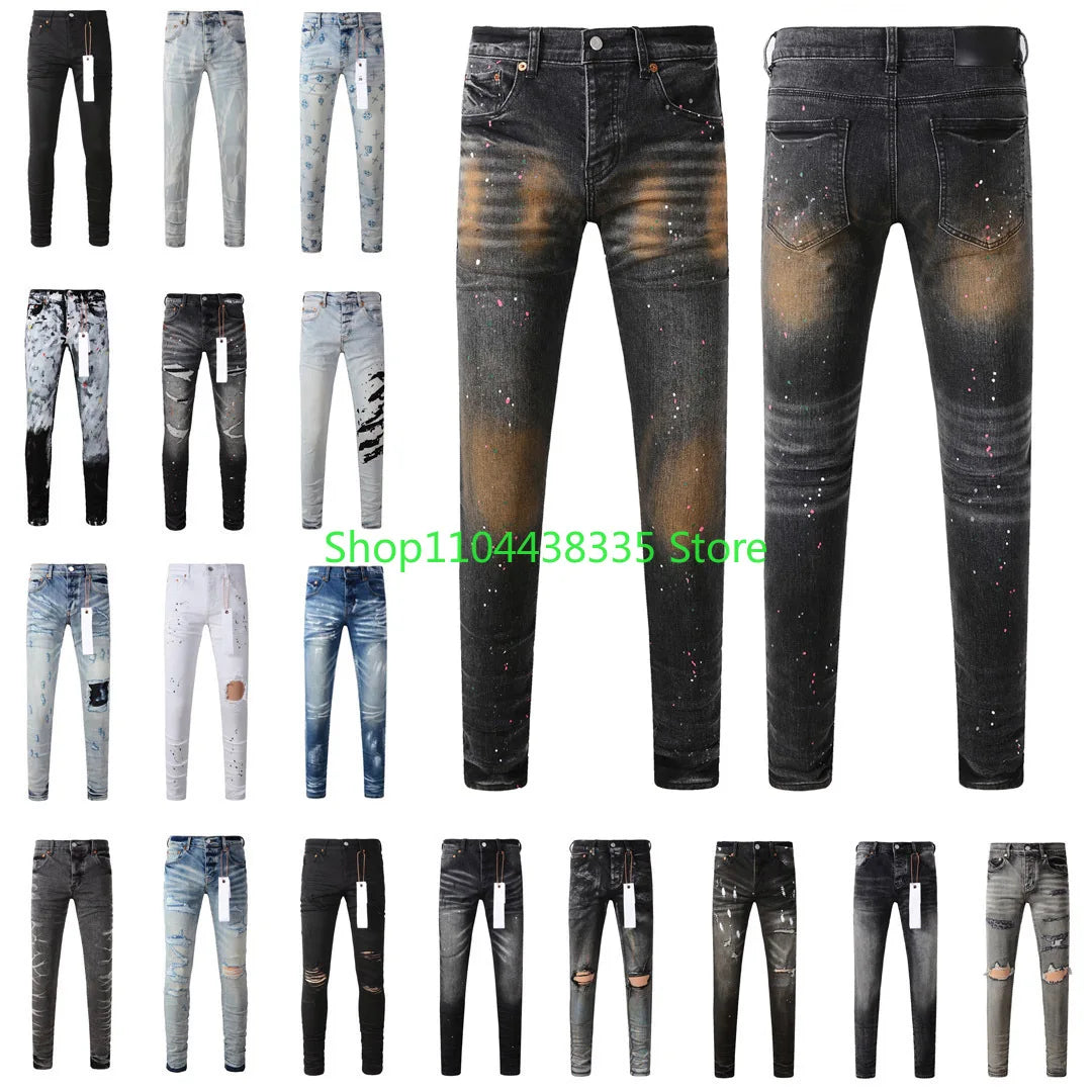 Americans  Retro High Street Men's Jeans New Trendy Low Rise Skinny Denim Pants Pleated Ripped Hold Trousers
