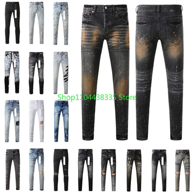 Americans  Retro High Street Men's Jeans New Trendy Low Rise Skinny Denim Pants Pleated Ripped Hold Trousers