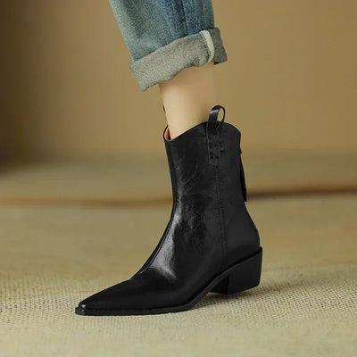 2025 Autumn/winter Women Boots Genuine Leather Western Boots Women Shoes Pointed Toe Chunky Heel Chelsea Boots Retro Ankle Boots