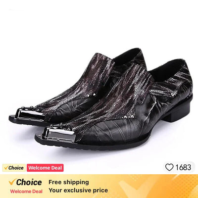 Men's Shoes Italian Style Pointed Metal Toe Leather Dress Shoes Men Slip on Oxfords Shoes for Men's Party and Wedding
