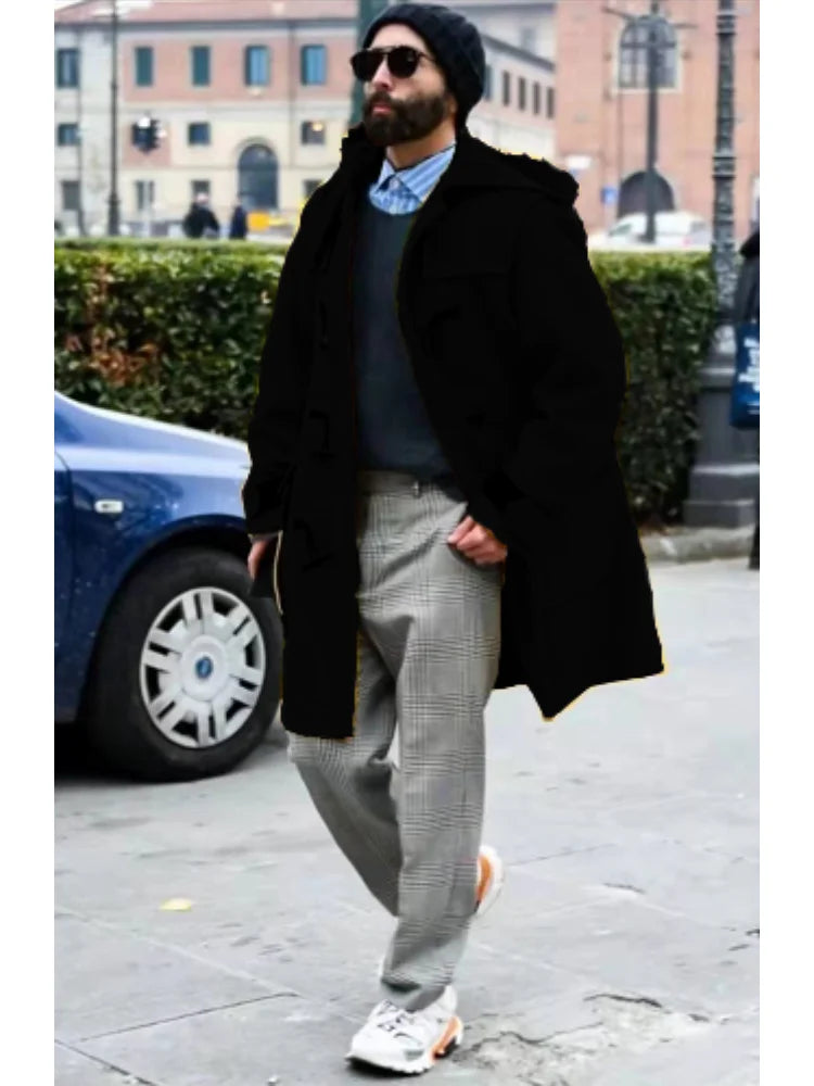 Streetwear Men's Jacket Casual Trench Horn Buttons Loose Hooded Outerwears Jackets Extra-long Men Clothing For Autumn Winter