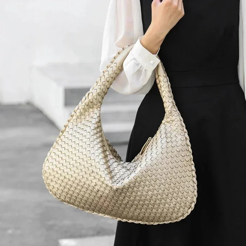 New Vegan Leather Hobo Bag Handmade Woven Casual Female Half Moon Handbag Big Capacity Patchwork Zipper Women Tote Shoulder Bags