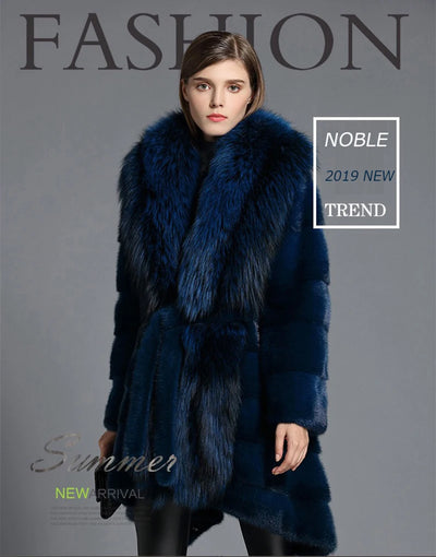 HDHOHR 2025 New Natural Mink Fur Coats Women Real Mink Fur Coat With Big Fox Elegant blue High Quality Female Warm Winter Jacket