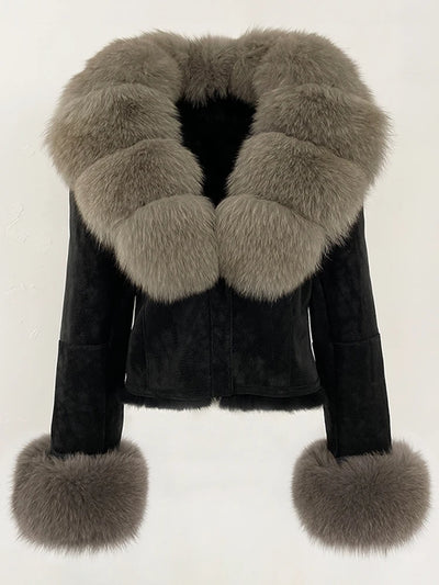OFTBUY Fashion Short New Autumn Winter Fur Clothing Real Rabbit Fur Liner Suede Jacket Women Natural Fox Fur Collar Coat Female