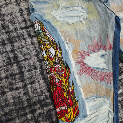 men complicated embroidery stitching distressed jeans