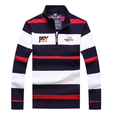 TACE&SHARK High Quality American British Royal Royal Sport Embroidered Stand Collar Polo Shirt Men's Long Sleeves Striped Tops