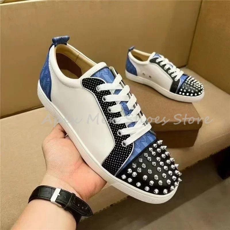 2025 Autumn Leather White Blue Splice Casual Shoes Spike Toe Streetwear Men Shoes Fashion Lightweight Flat Sneakers for Women