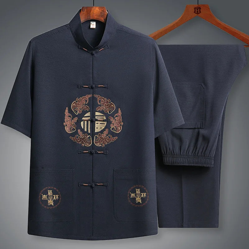 Chinese Traditional Tang Clothing Kung Fu Suit Fashion Casual Embroidery T-shirt Pants Wing Chun Tai Chi Comfortable Men's Set