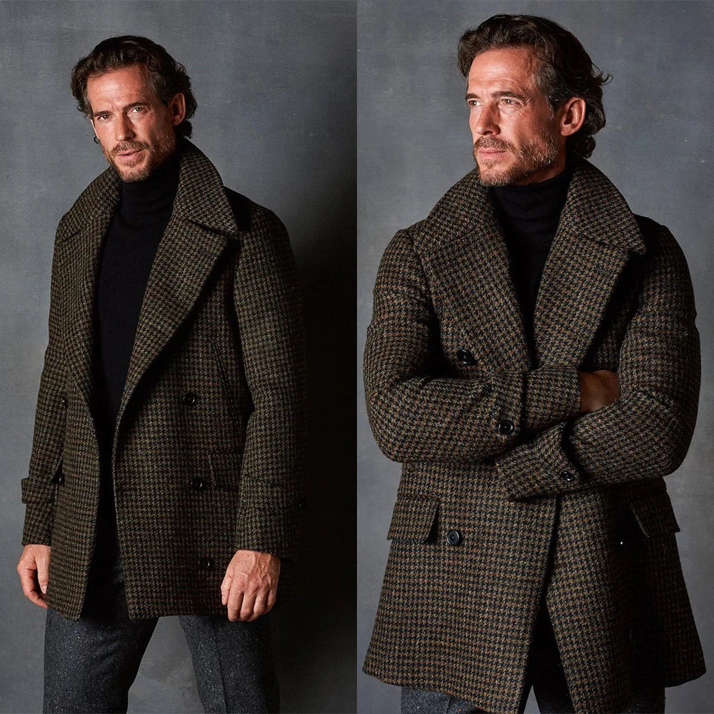 Winter Men Suit Woolen Classic One-Piece Coat Vintage Small Lattice Closure Collar Jacket Wedding Tuxedos Hot Sale Customized