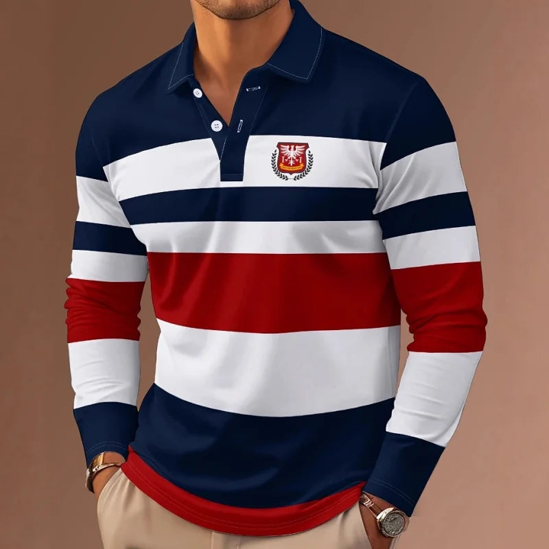 2025 New Classic Stripe Printed Men's Long Sleeve Polo Shirts Autumn Casual Comfortable Fit Button Polo Tops Street Man Pullover