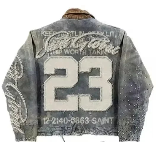 Mens Clothes Letter Embroidery Patchwork Rhinestone Y2k Two Piece Set Hip Hop Retro Zipper Denim Jacket Baggy Jeans Streetwear