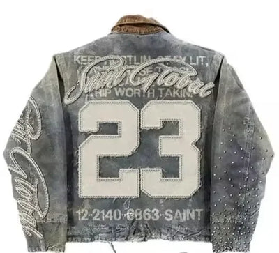 Mens Clothes Letter Embroidery Patchwork Rhinestone Y2k Two Piece Set Hip Hop Retro Zipper Denim Jacket Baggy Jeans Streetwear