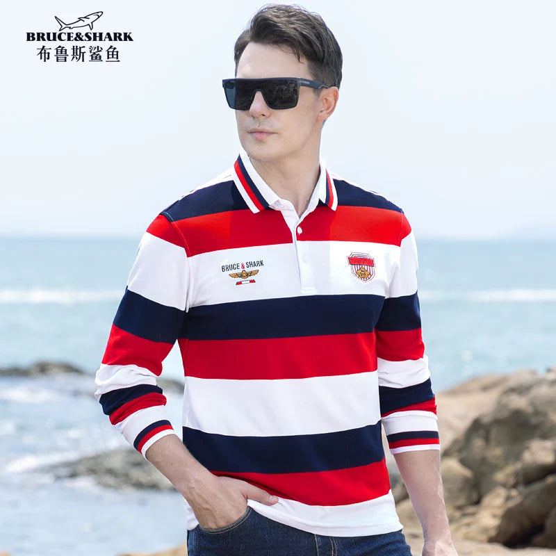 New Striped Long Polos For Men Thicken Stretch Cotton Autumn Clothing Bruce&Shark Korean Style Winter Base Man Tops Big Size 4XL