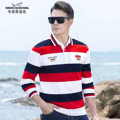 New Striped Long Polos For Men Thicken Stretch Cotton Autumn Clothing Bruce&Shark Korean Style Winter Base Man Tops Big Size 4XL