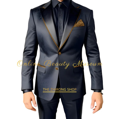 Men Suits 2 Piece Black Luxury Texture With Satin Gold Accent Jacket Pants Set Wedding Party Attire Bespoke Tuxedo For Men