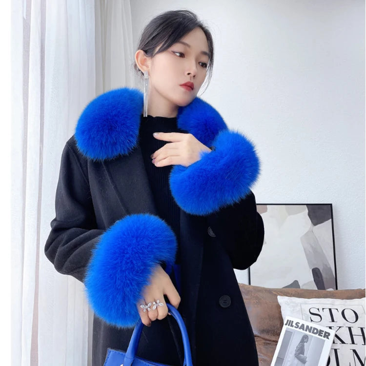 Real Fur Collar and Cuff Set Decor Women Winter Fox Fur Scarf Neck Warm Furry Natural Fur Cuffs Thick Fur Shawl Sleeves Scarves