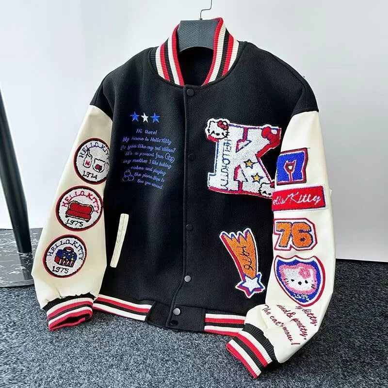 Supzoom New Arrival Rib Sleeve Top Fashion Embroidery HelloKitty Loose Cardigan Casual Pilot Ins Bomber Baseball Jacket