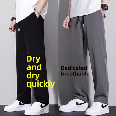 New 2025 Men's Ice Silk Qui Dry Casual Pants Thin Straight Leg Loose Drapey Spor Summer Long Trousers Everyday Wear