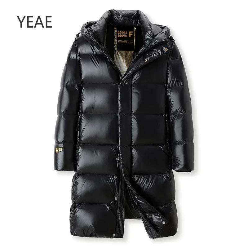 YEAE Winter New White Duck Down Thick Black Gold Down Jacket Men's Medium and Long High-end Leisure Warm Hooded Coat Clothing