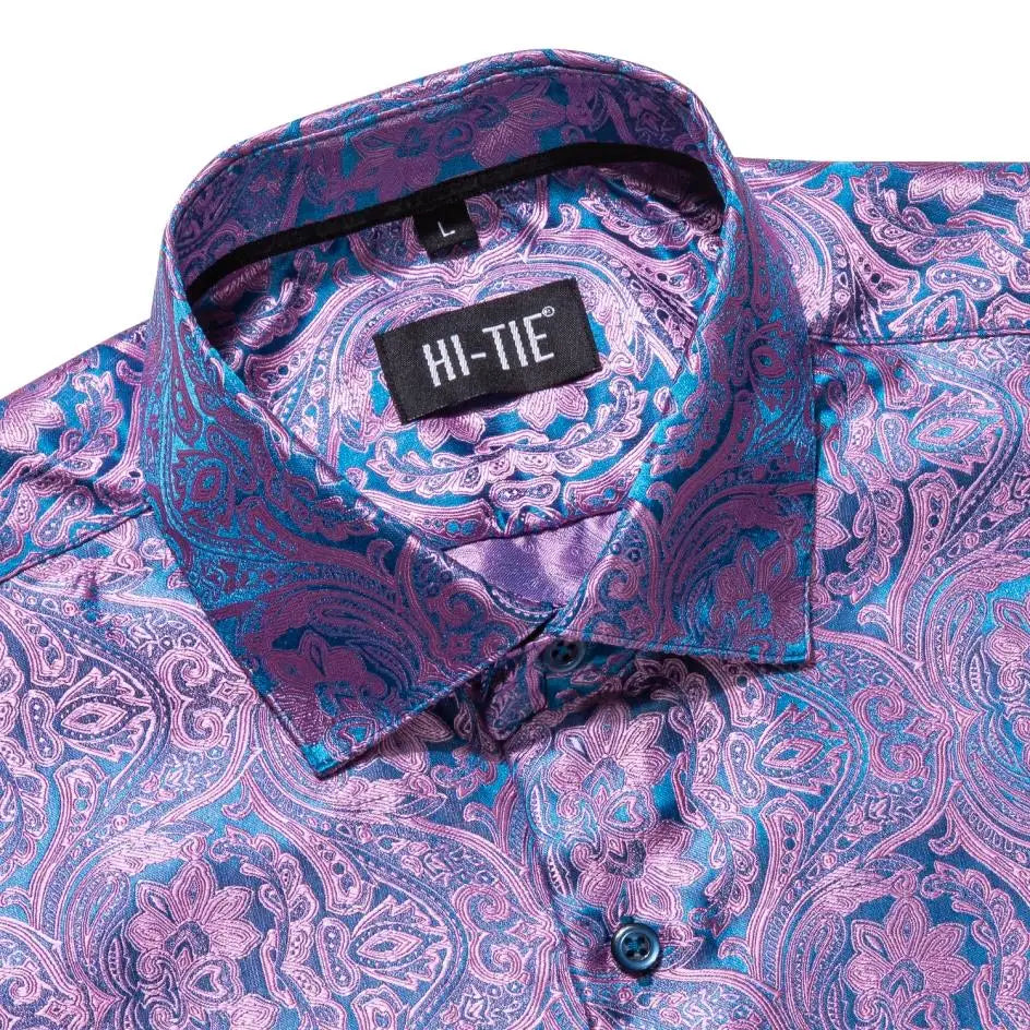 Jacquard Silk Mens Shirts Pink Blue Red Green Gold Long Sleeve Single Breasted Lapel Shirt Blouse Outerwear Wedding Business