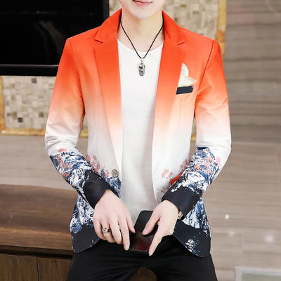 Men Floral Blazers Fashion Korean Gradient Inspired Prints Fancy Floral Suit Jacket Casual Slim Fit Blazer Coat Men Clothing