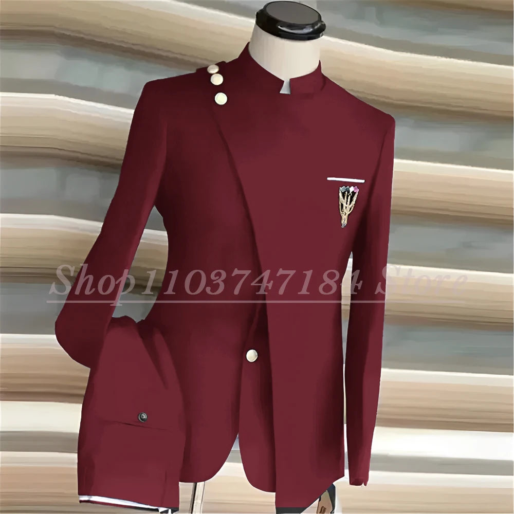 Navy Blue Men's Suits Single Breasted Stand Lapel Blazer African Style Formal Occasion Party 2 Piece Jacket Pants Costume Homme