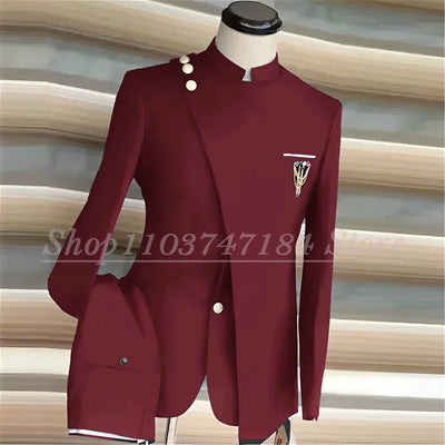 Navy Blue Men's Suits Single Breasted Stand Lapel Blazer African Style Formal Occasion Party 2 Piece Jacket Pants Costume Homme