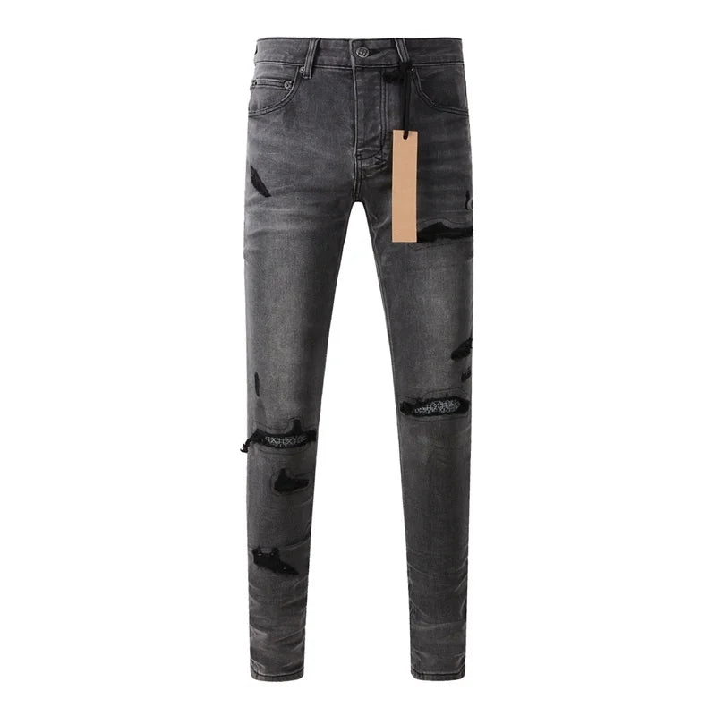 High Street Men's Jeans Low Rise Stretch Skinny Button Fly Ripped Hold Black Pants
