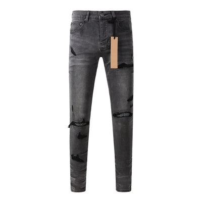 High Street Men's Jeans Low Rise Stretch Skinny Button Fly Ripped Hold Black Pants