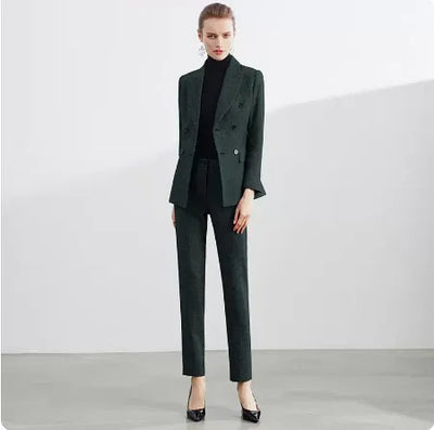 Retro Wool Suit Two Piece Sets Womens Outifits Double-Breasted Blazer Female President Manager Professional Suit Set Clothing