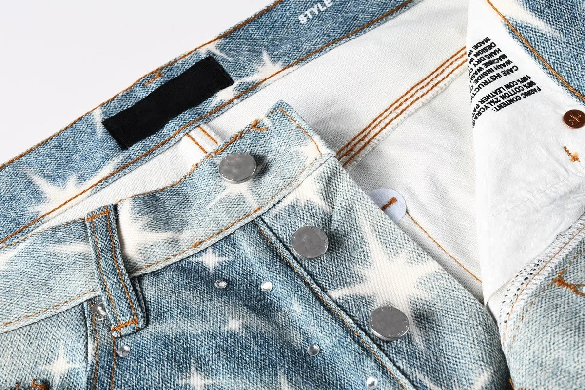 Men Straight jeans Fashion High Street Retro wash Rhinestones Retro Street Style Hip-hop Straight Trousers Streetwear Jeans