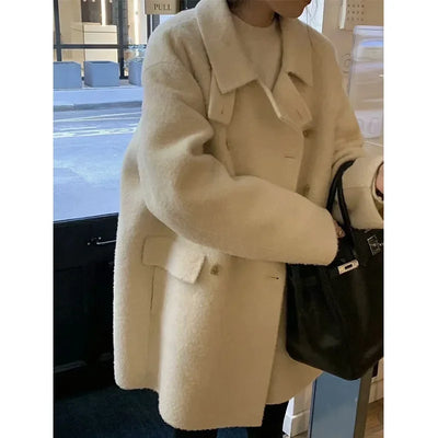 Korean Dongdaemun OUN*CE French Style Loose Gentle Collar Double Button Woolen Coat Medium Length Outerwear Women's Cardigan