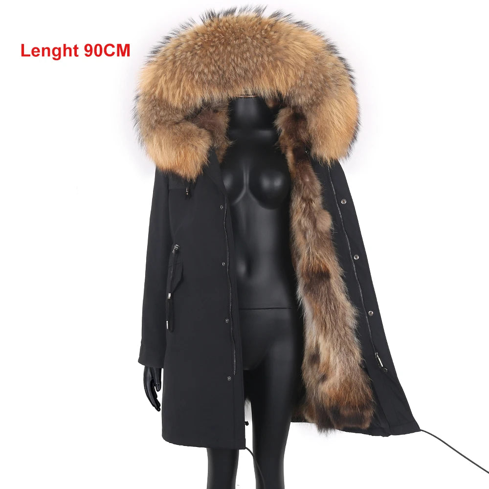 2024 New Winter Jacket Women X-Long Parka Waterproof Big Natural Raccoon Fur Collar Hood Real Fur Coat Thick Warm Real Fox Fur