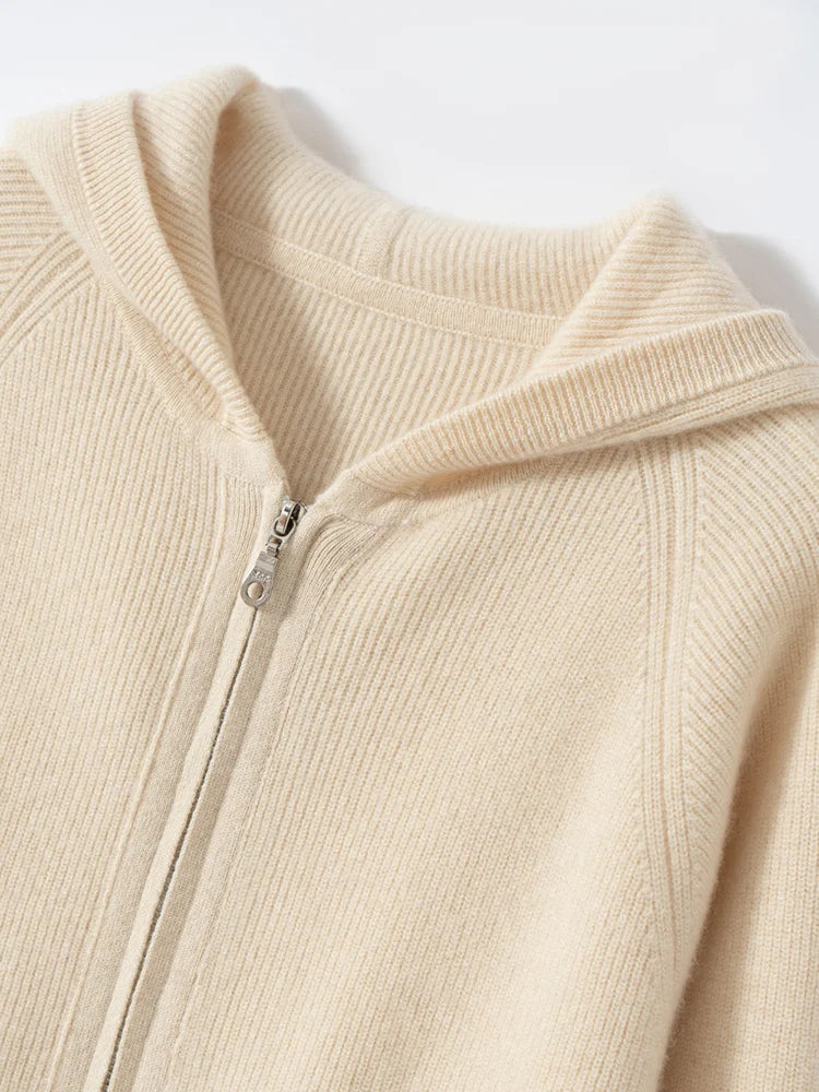 Men's Autumn Winter Cashmere Sweater Zippers Hooded Cardigan Jacquard Casual Pockets 100% Cashmere Knitwear Raglan Sleeve Tops