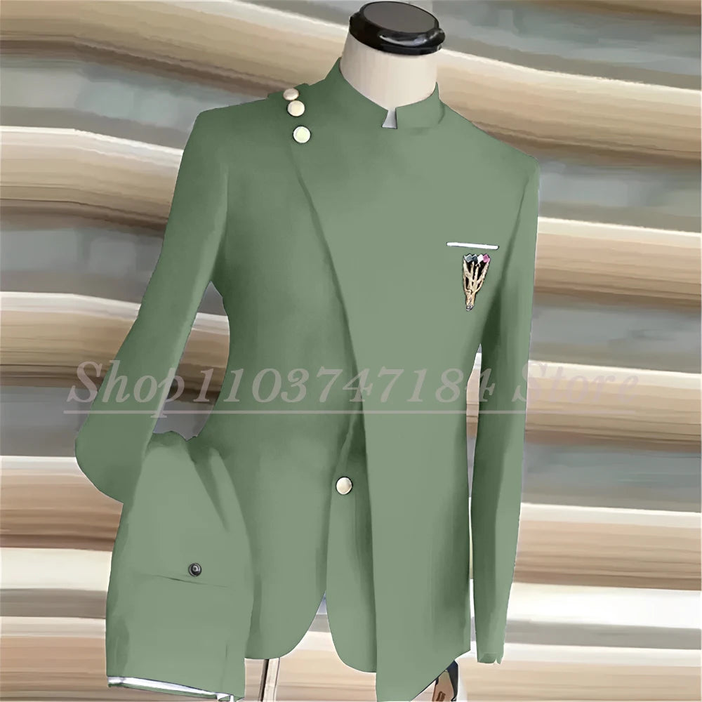 Navy Blue Men's Suits Single Breasted Stand Lapel Blazer African Style Formal Occasion Party 2 Piece Jacket Pants Costume Homme