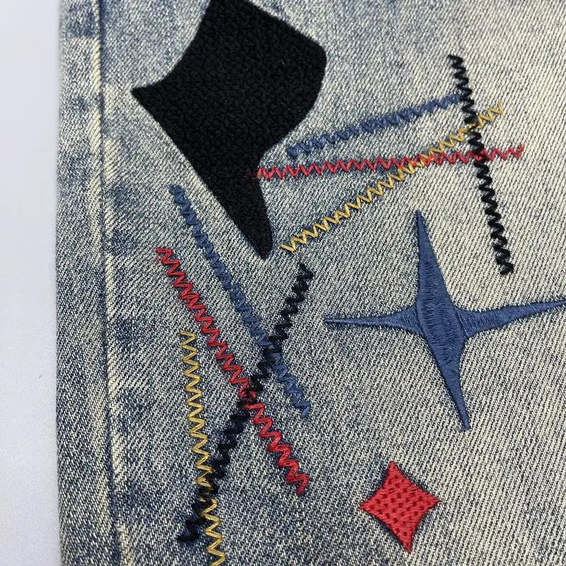 Old Tattered Patched Embroidered Jeans Men's Small Straight Leg Pants American High Street Men's Pants Trendy