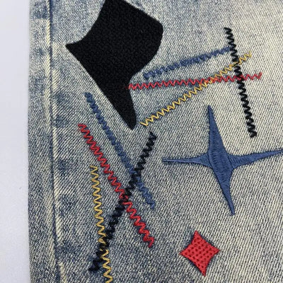 Old Tattered Patched Embroidered Jeans Men's Small Straight Leg Pants American High Street Men's Pants Trendy