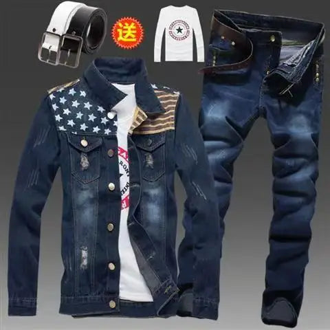 Men's Slim Fit Denim Jacket Pants 2pcs Set Long Sleeve Coats Letters Printed Casual Large Size Black White Red Boys Trousers