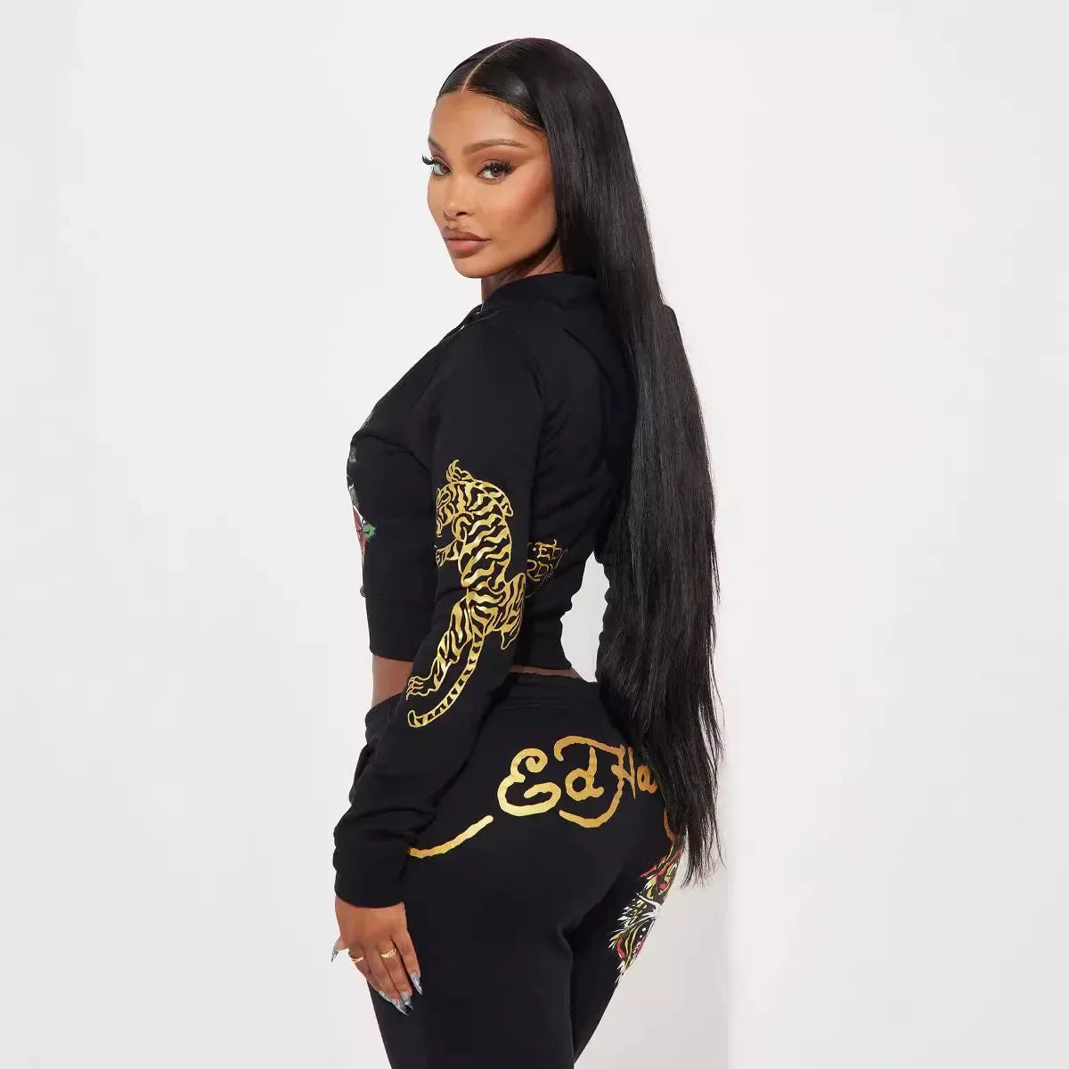 Comfortable Casual Fashion Streetwear Zipper Hooded Printed Two-Piece Set Women's Clothing Vibrant Artistic Design