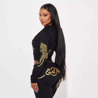 Comfortable Casual Fashion Streetwear Zipper Hooded Printed Two-Piece Set Women's Clothing Vibrant Artistic Design